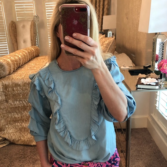 H&M Premium Denim Chambray Ruffle Top Small - Picture 4 of 8